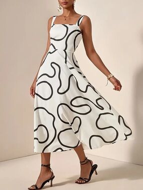 White & Black Abstract Midi Dress - Sleeveless Square Neck
